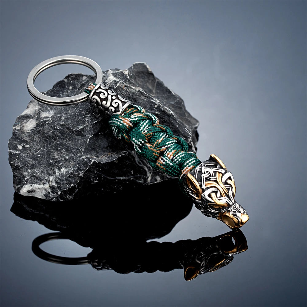 Punk Men Vikings Wolf Head Survival Keychain