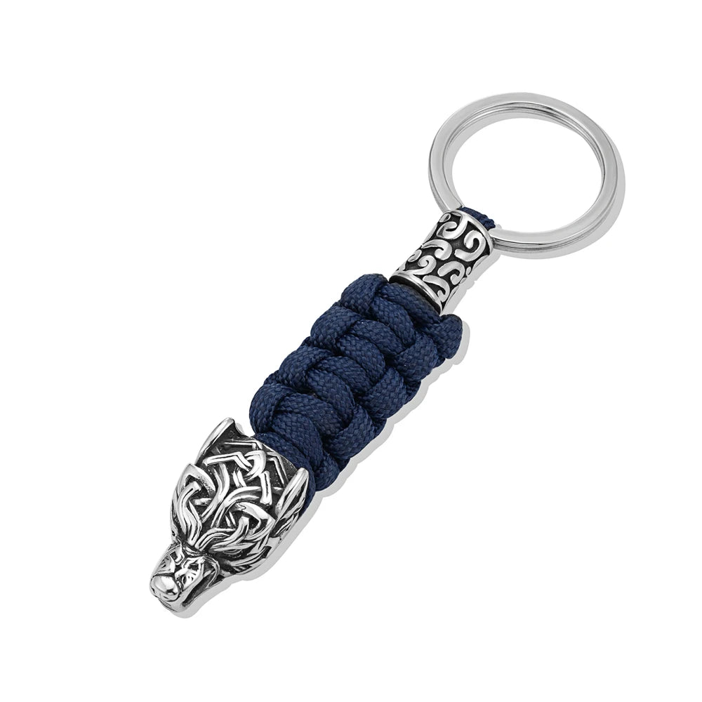 Punk Men Vikings Wolf Head Survival Keychain