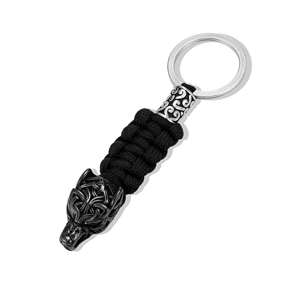 Punk Men Vikings Wolf Head Survival Keychain