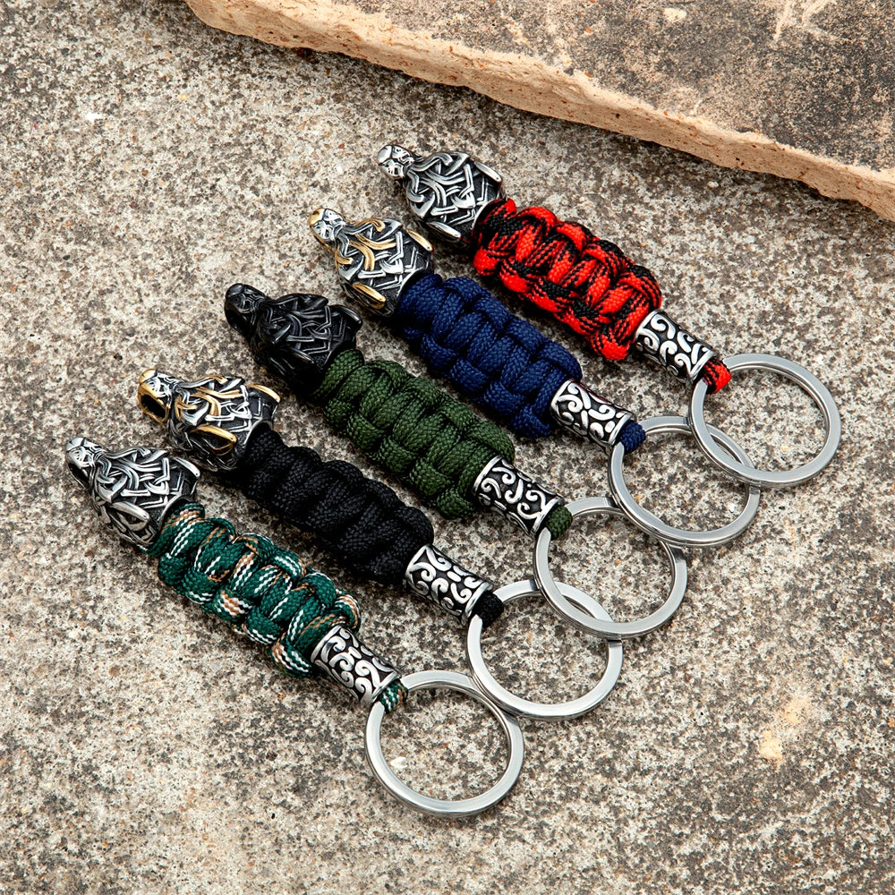 Punk Men Vikings Wolf Head Survival Keychain