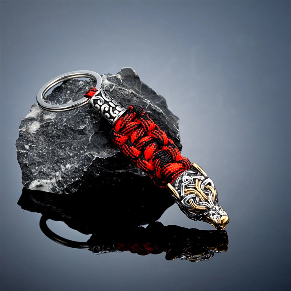 Punk Men Vikings Wolf Head Survival Keychain