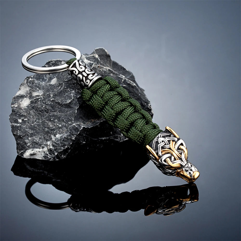 Punk Men Vikings Wolf Head Survival Keychain
