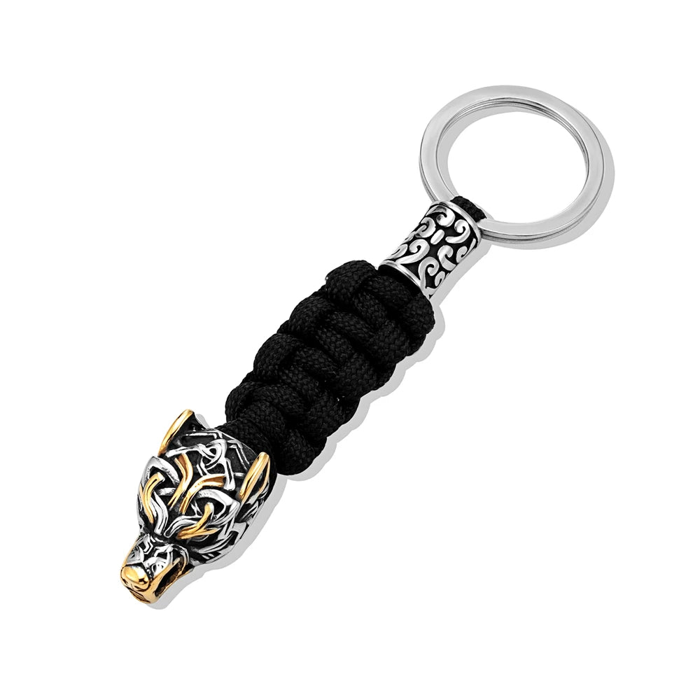 Punk Men Vikings Wolf Head Survival Keychain