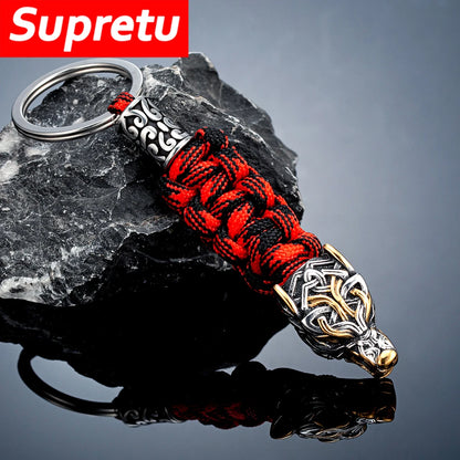 Punk Men Vikings Wolf Head Survival Keychain