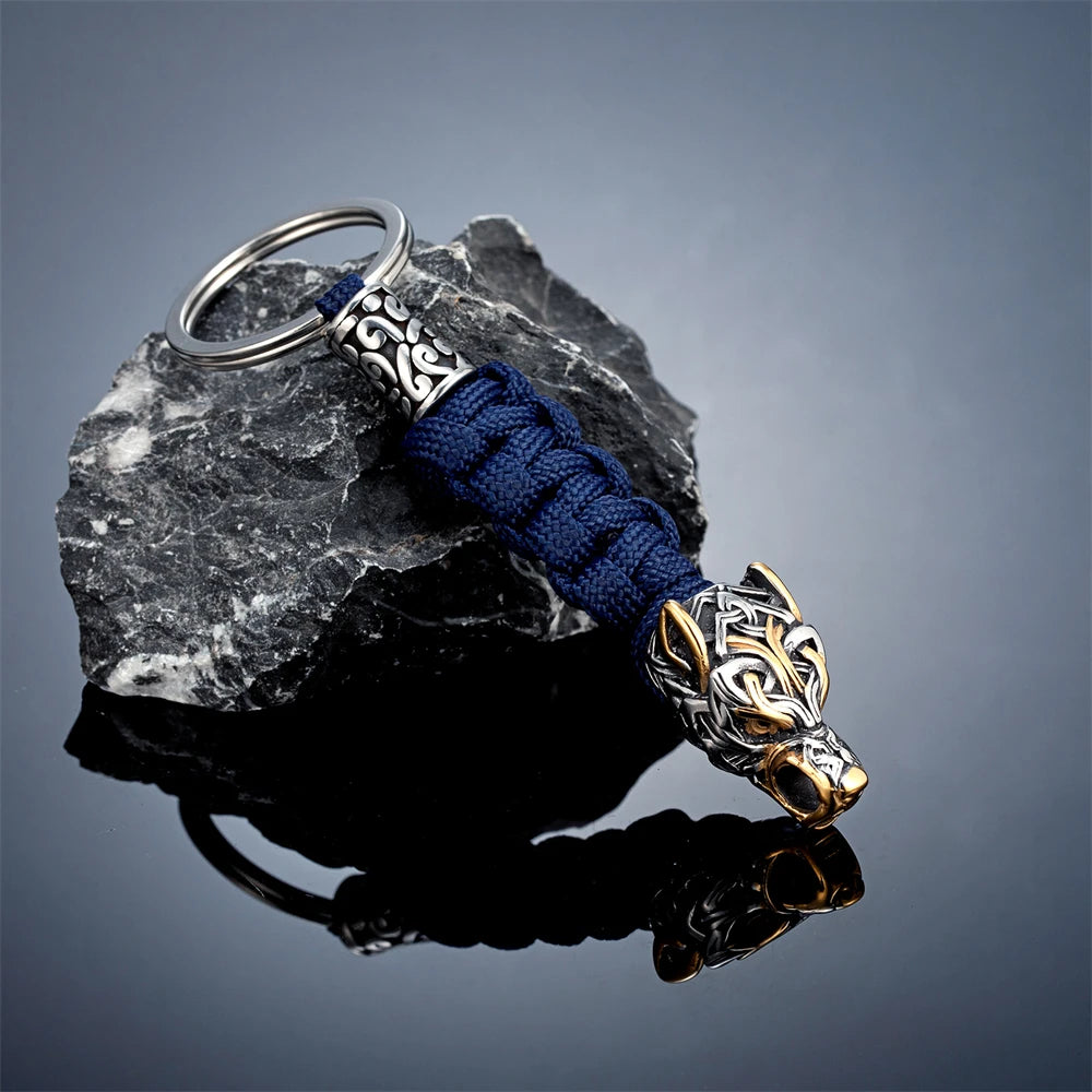 Punk Men Vikings Wolf Head Survival Keychain