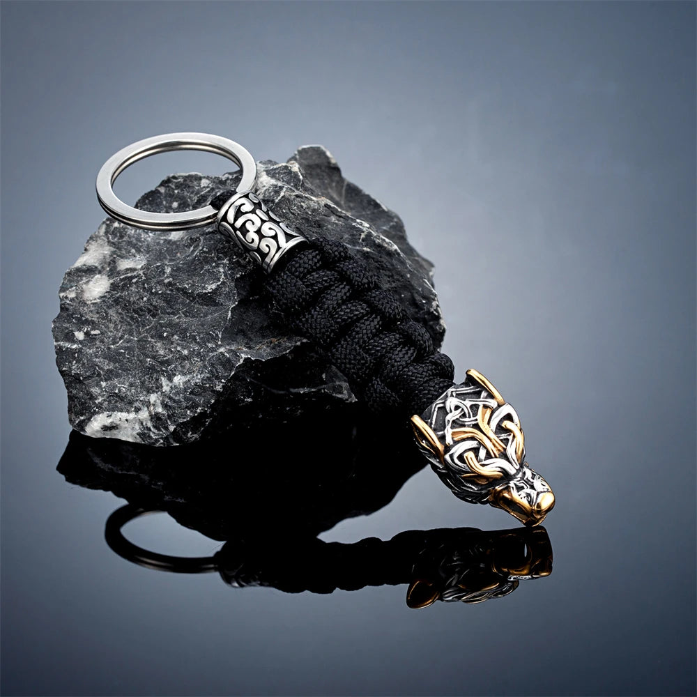 Punk Men Vikings Wolf Head Survival Keychain