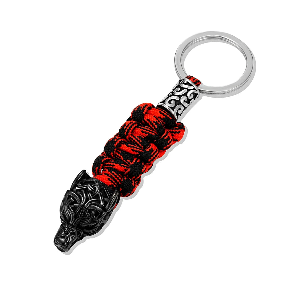 Punk Men Vikings Wolf Head Survival Keychain