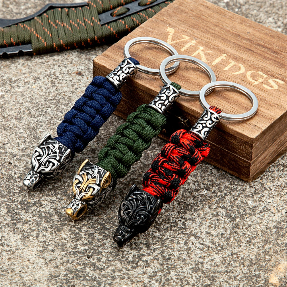 Punk Men Vikings Wolf Head Survival Keychain